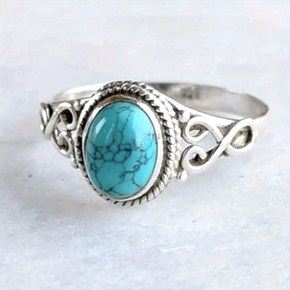 Ring Turquoise Inlaid SIlver Sz 8 Boho Native stone Trendy Stylish Southwest NEW